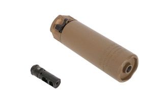 Flat Dark Earth Surefire suppressor with muzzle brake/mount.